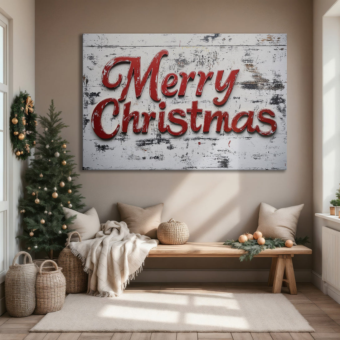Framed Wall Art: "Merry Christmas" in red on distressed white wood. Festive holiday decor for your home. Warm, inviting color palette.