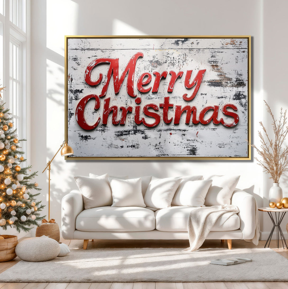 Canvas Print "Merry Christmas" in rustic style, featuring red text on a distressed white background, warm neutral color palette. Perfect holiday decor!