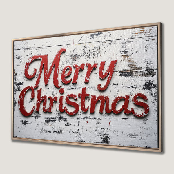 Framed Wall Art: "Merry Christmas" in red on a rustic white wood background. Festive holiday decor with a vintage, distressed style.