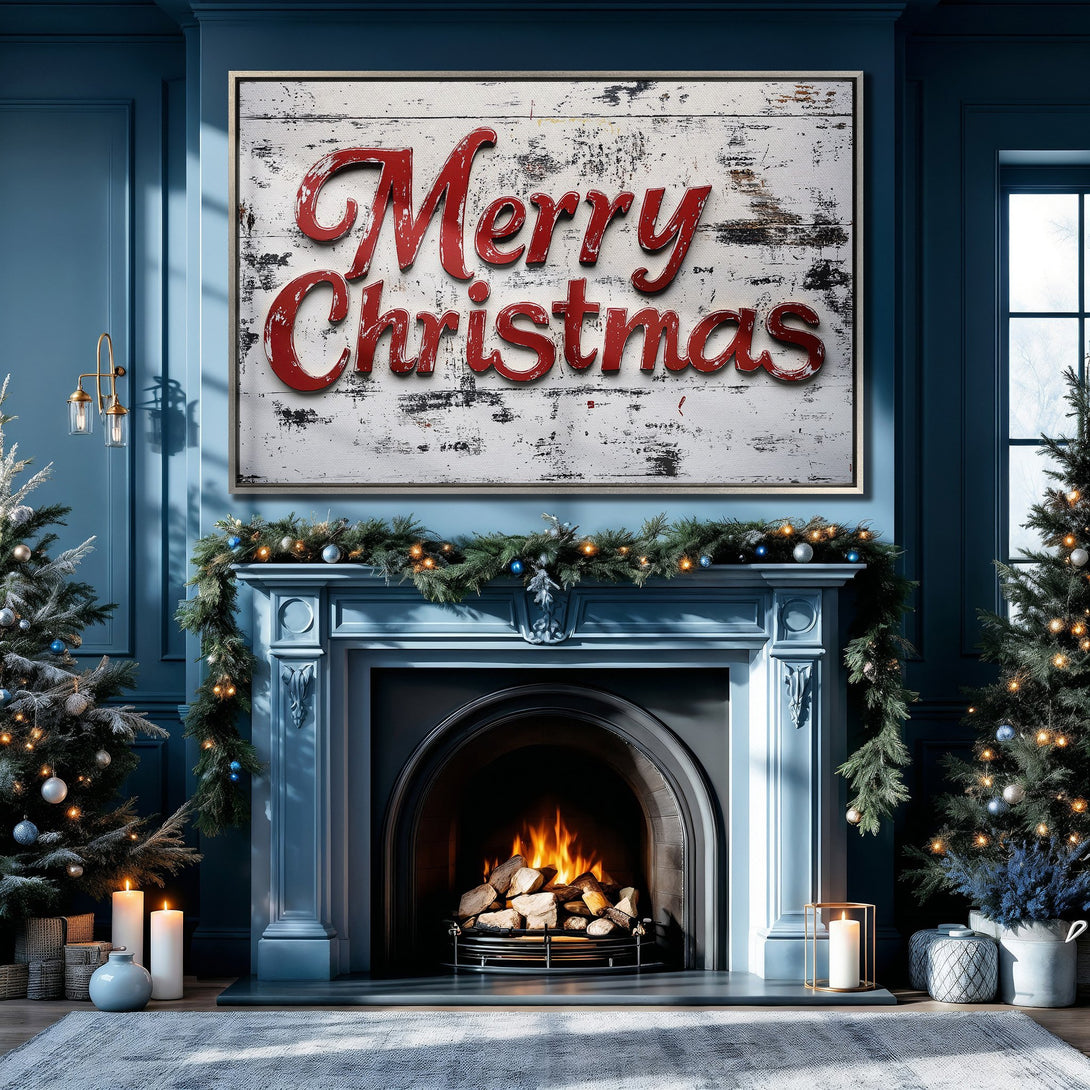 Framed Wall Art: "Merry Christmas" sign in a cozy blue interior. Rustic style with red lettering on a white background. Perfect holiday decor!