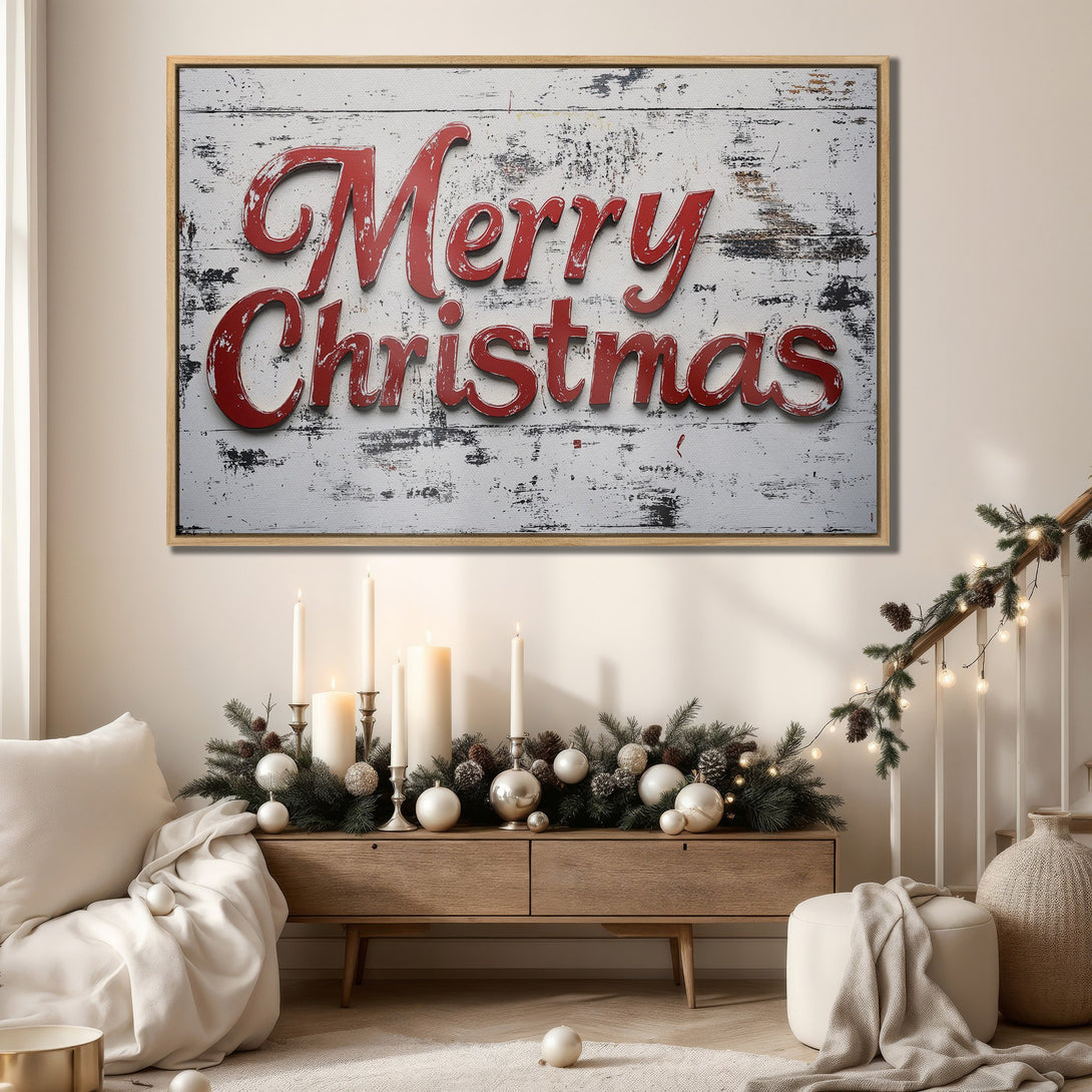 Framed Wall Art: "Merry Christmas" sign in rustic style. Red lettering on a distressed white background, warm neutral color palette. Perfect holiday decor!