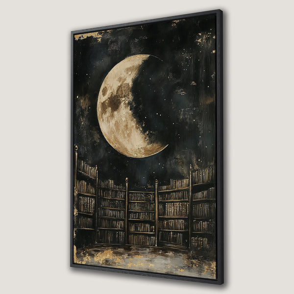 Framed Wall Art: Abstract moonlit library scene in dark, moody tones. Perfect for adding a touch of mystery and elegance to your space. Shop now!