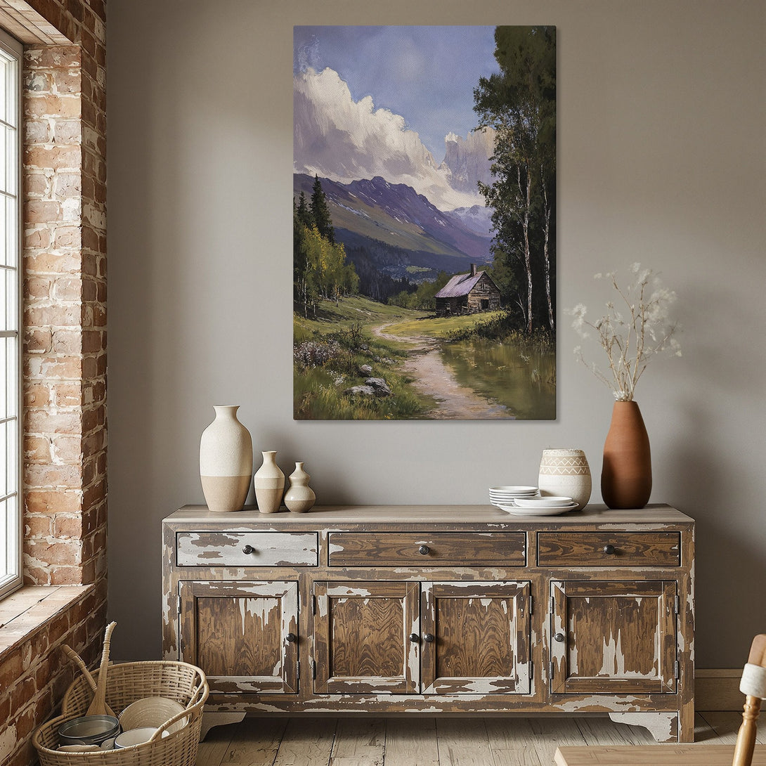 Framed Wall Art: Serene landscape painting with cabin & mountains in a warm, inviting color palette. Perfect for adding a touch of nature to your home.