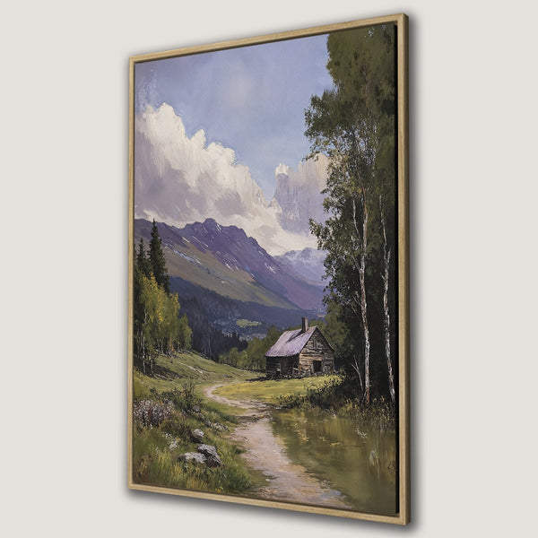 Framed Wall Art: Landscape painting of a cabin in a mountain valley, featuring a natural color palette with greens, blues, and browns. Perfect for rustic decor.