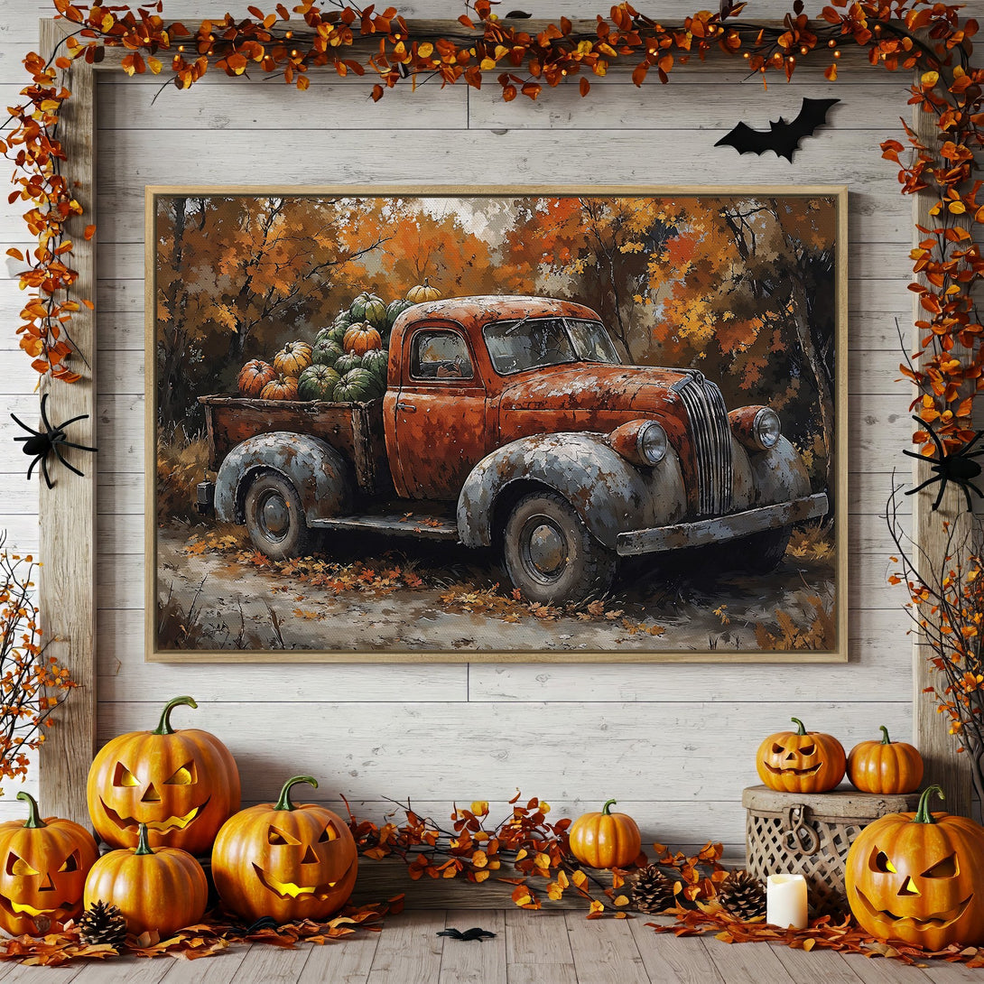 Framed Wall Art: Vintage truck with pumpkins in autumn colors. Rustic style canvas print perfect for fall decor.