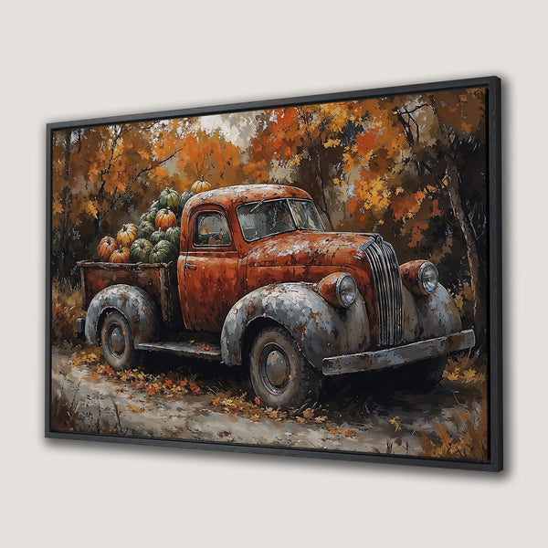 Framed Wall Art: Rustic truck filled with pumpkins in autumn landscape. Warm orange, brown, and green color palette. Perfect fall decor.