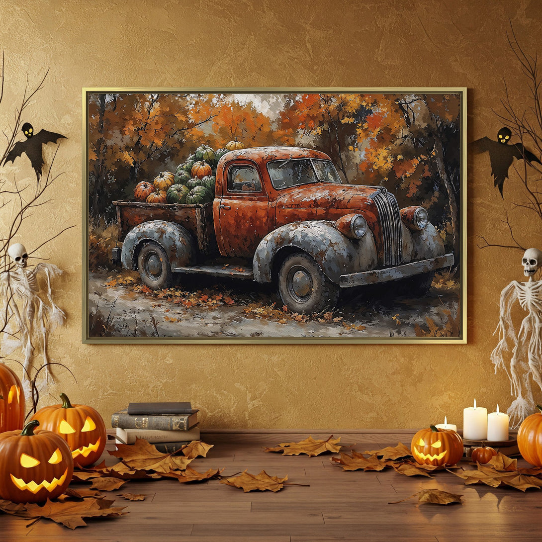 Canvas Print of vintage truck in autumn scene, warm orange & brown tones, perfect for Halloween decor. Rustic wall art.