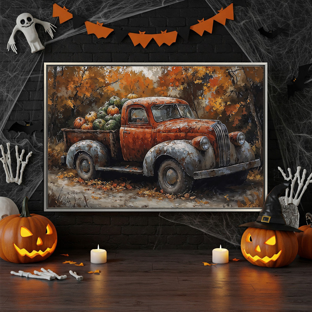 Framed Wall Art: Rustic truck with pumpkins in fall colors. Perfect Halloween decor! Warm orange and brown palette. Add cozy charm to your space.