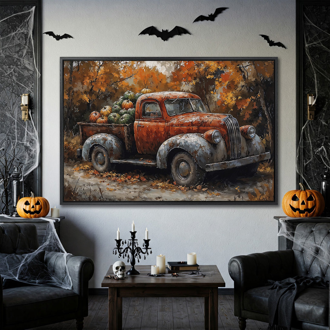 Framed Wall Art: Rustic truck with pumpkins in autumn colors. Perfect Halloween decor! Warm orange and brown palette.