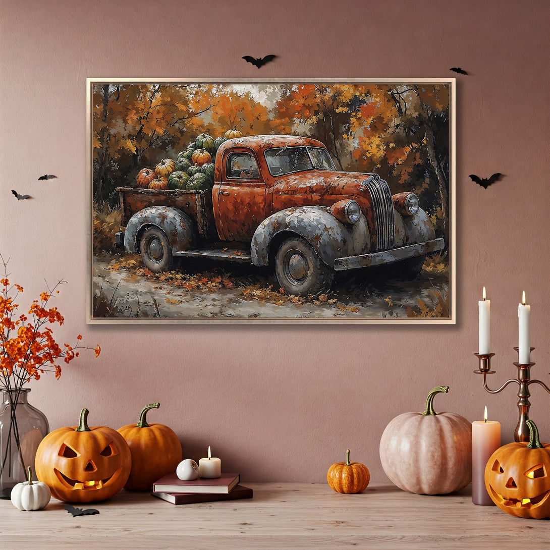 Framed Wall Art: Vintage truck overflowing with pumpkins, autumn colors. Rustic style Canvas Print perfect for fall decor.