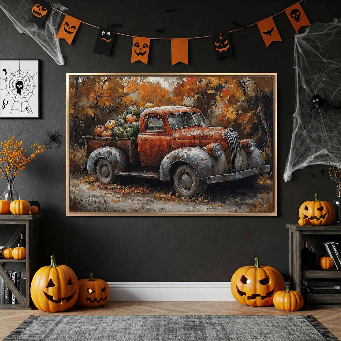 Framed Wall Art: Rustic truck filled with pumpkins in autumn colors. Perfect fall decor. Warm orange and brown palette. Halloween-themed interior.