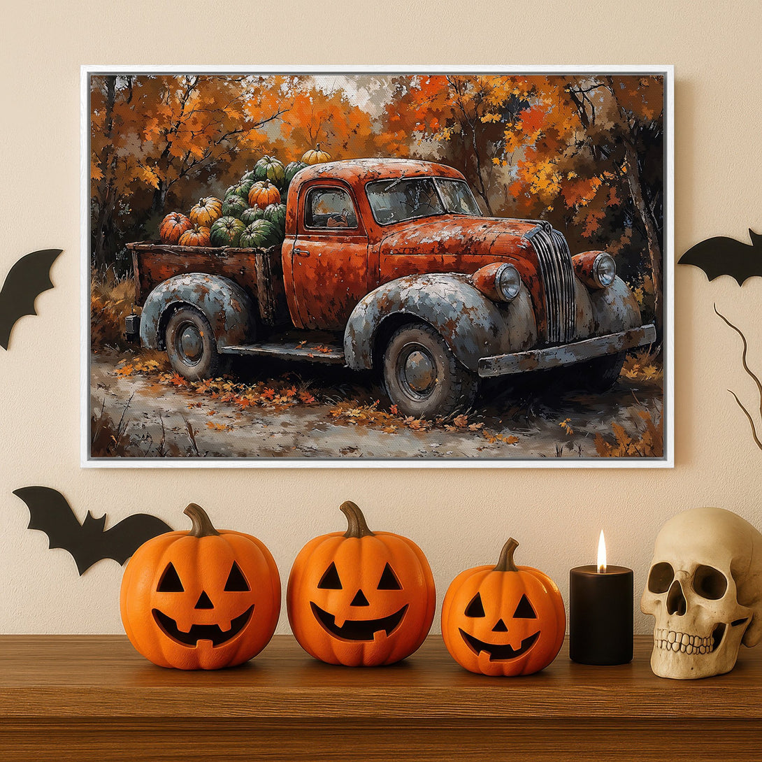 Framed Wall Art: Rustic truck loaded with pumpkins in autumn forest. Warm orange and green color palette. Perfect fall decor!