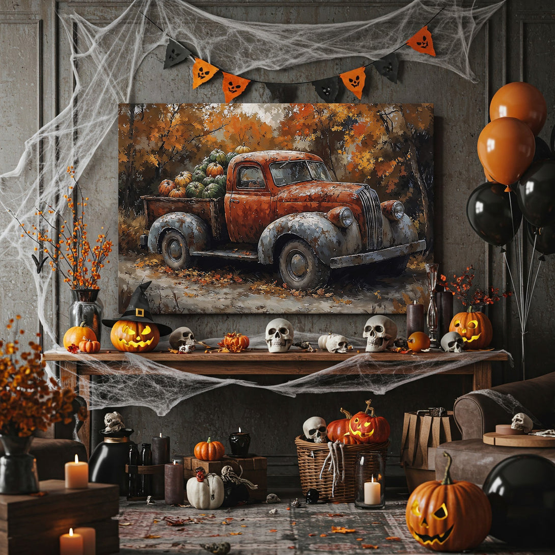 Framed Wall Art: Rustic truck filled with pumpkins in autumn colors. Perfect fall decor for your home. Warm orange and brown palette.