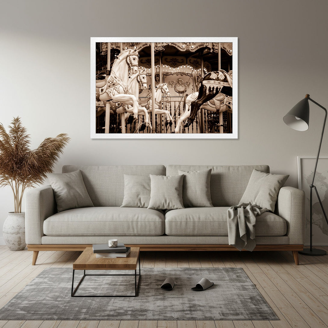 Framed Poster featuring a vintage carousel in sepia tones. Add a touch of nostalgia to your home with this beautiful art print.