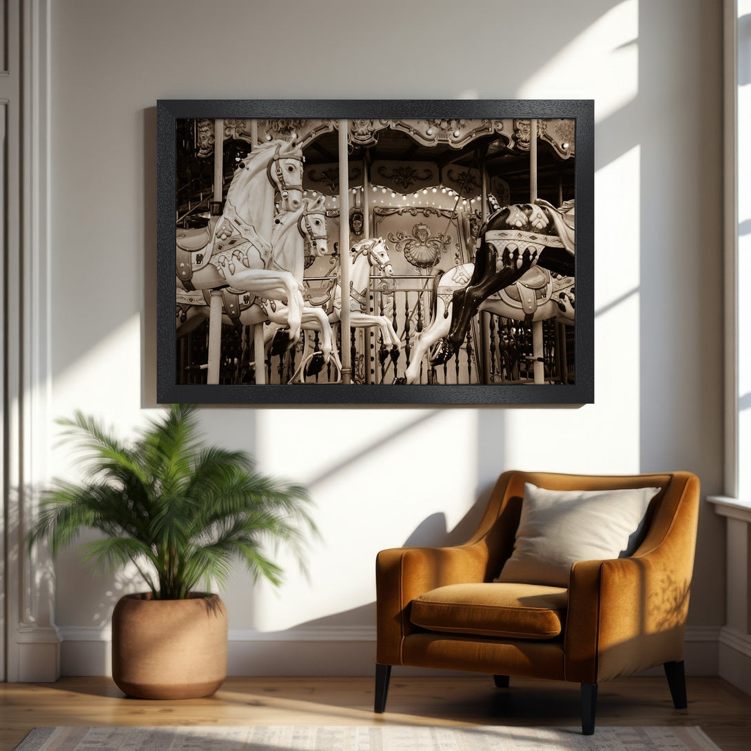 Framed Poster featuring a vintage carousel scene in sepia tones. Perfect wall art for a touch of nostalgia and elegance.
