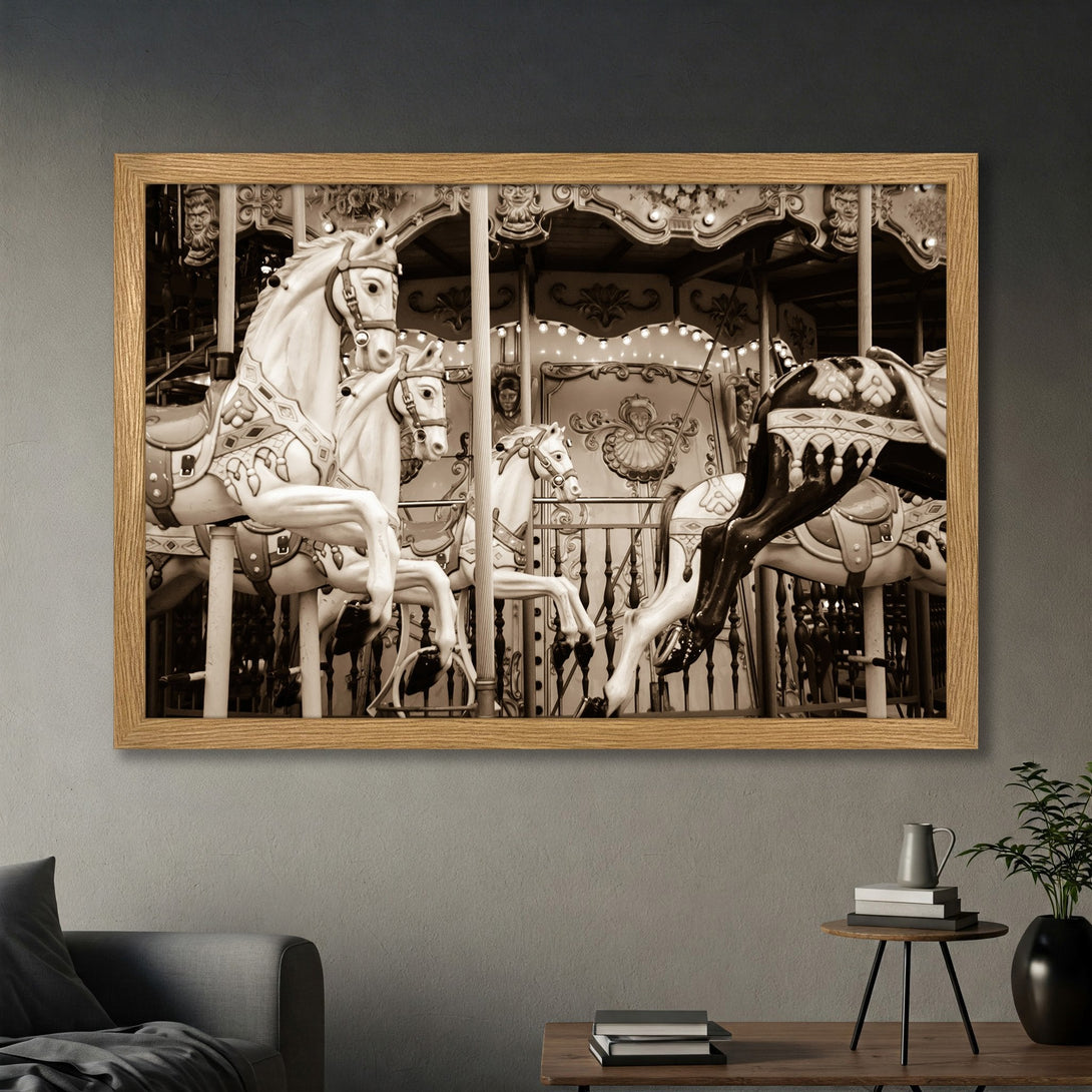 Framed Poster featuring a vintage carousel in sepia tones. A nostalgic and elegant art print perfect for any space.