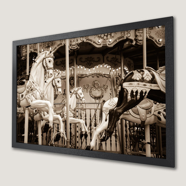 Framed Poster featuring a vintage carousel with sepia tones. Classic art print for your home decor.