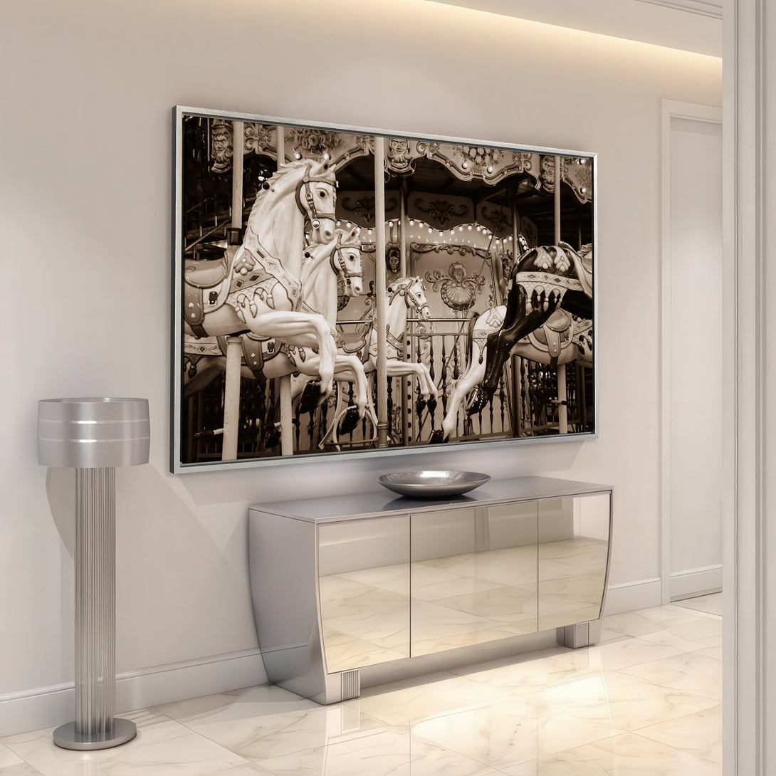 Framed Wall Art featuring a vintage carousel scene in sepia tones. Add a touch of nostalgia and elegance to your home with this beautiful artwork.