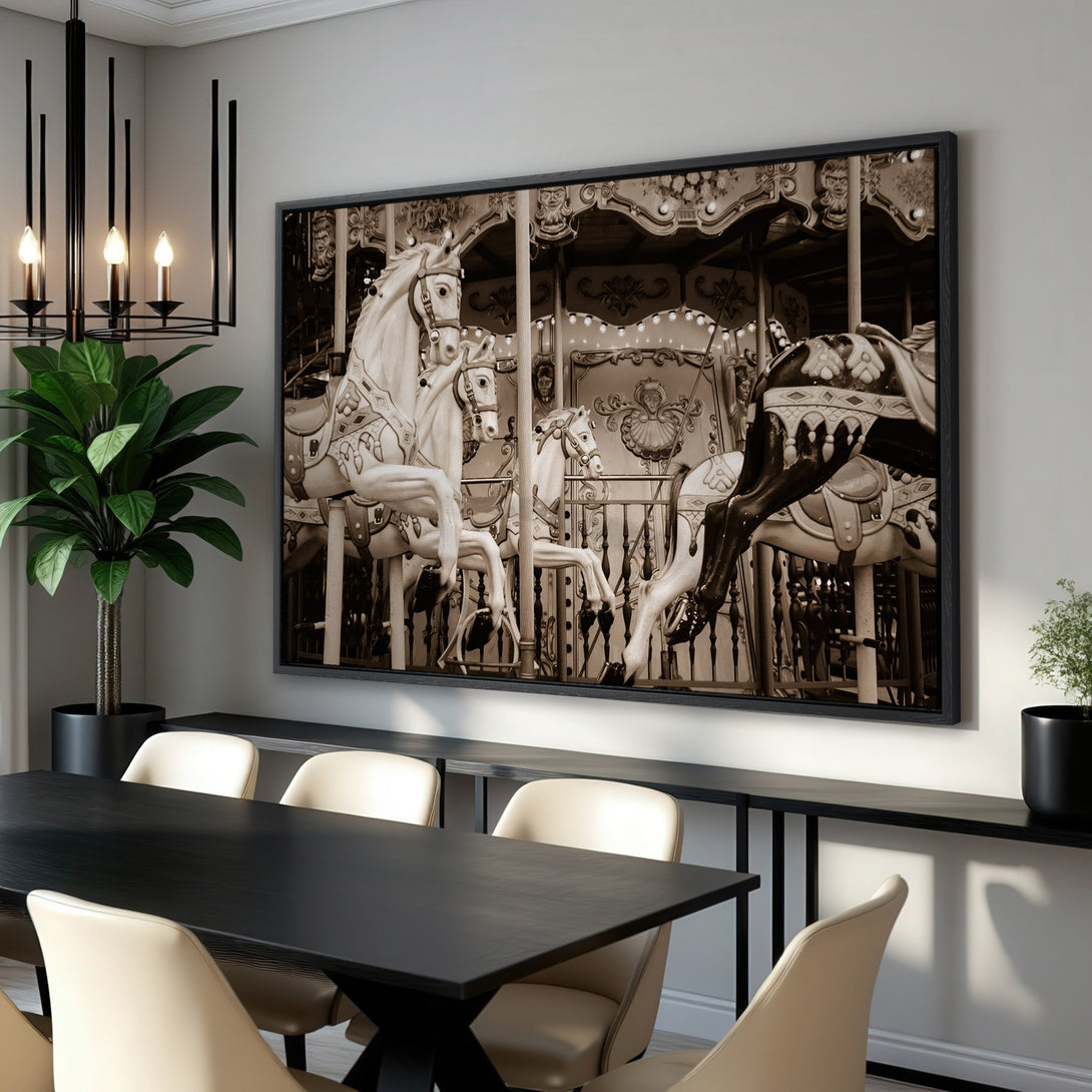 Framed Wall Art: Vintage carousel horses in sepia tones, a classic and elegant addition to any space.
