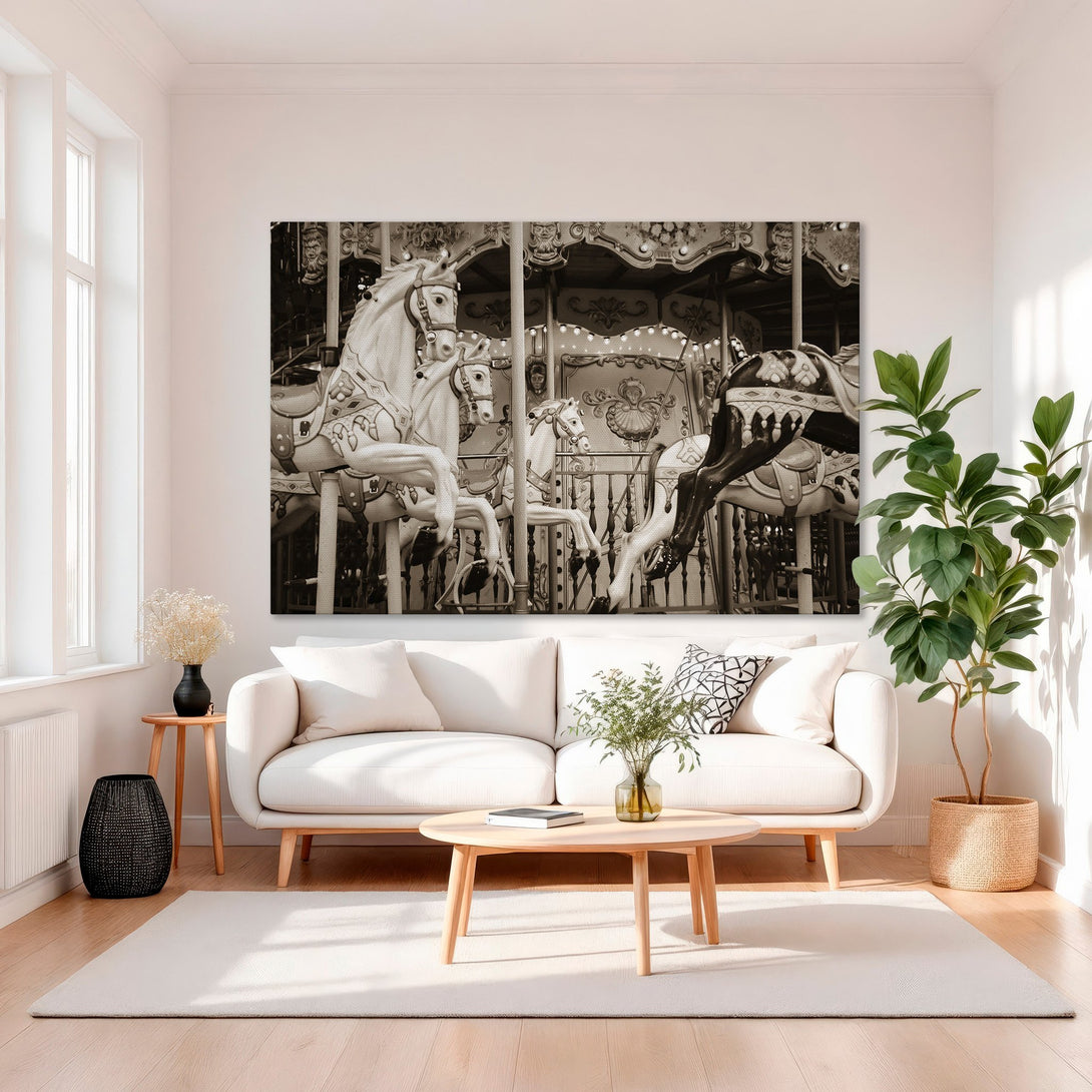 Framed Wall Art featuring a vintage carousel in sepia tones. Elegant decor for home or office. Adds a touch of nostalgia and sophistication.