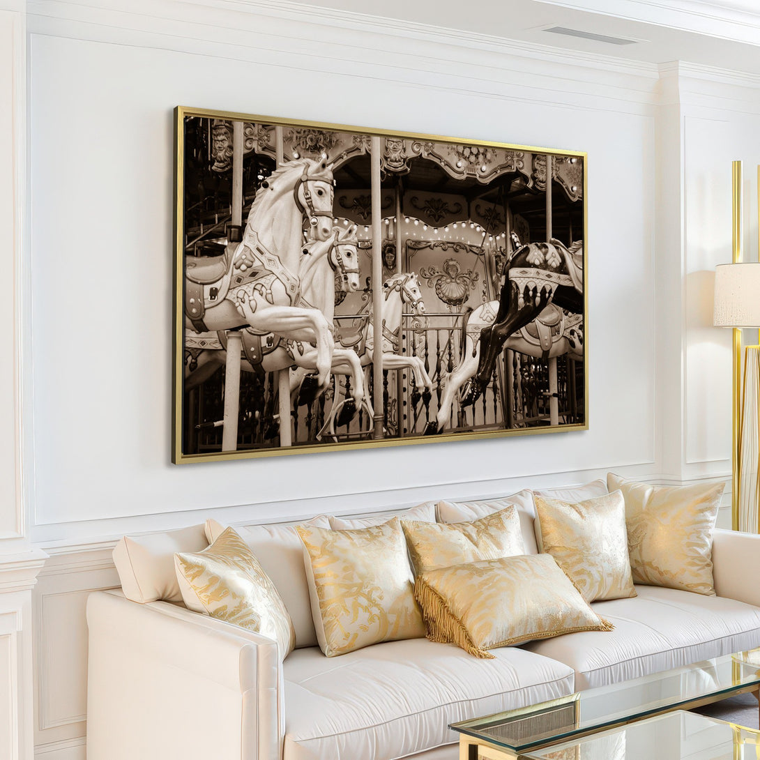 Canvas Print of a vintage carousel, sepia-toned for a classic look. Adds a touch of nostalgia to any room. Shop now!