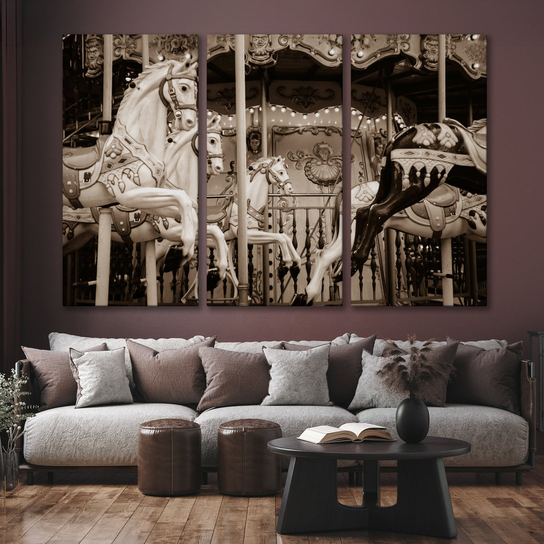Canvas Print of a vintage carousel in sepia tones, adding a touch of nostalgia and elegance to any living space.