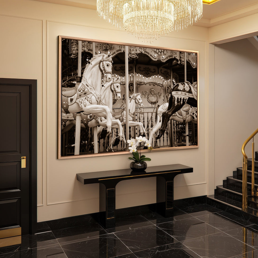 Framed Wall Art featuring a vintage carousel scene in black and white. Elegant decor for your home.