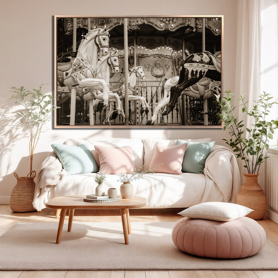 Framed Wall Art featuring a vintage carousel scene in sepia tones. Adds a touch of nostalgia and elegance to any living room.