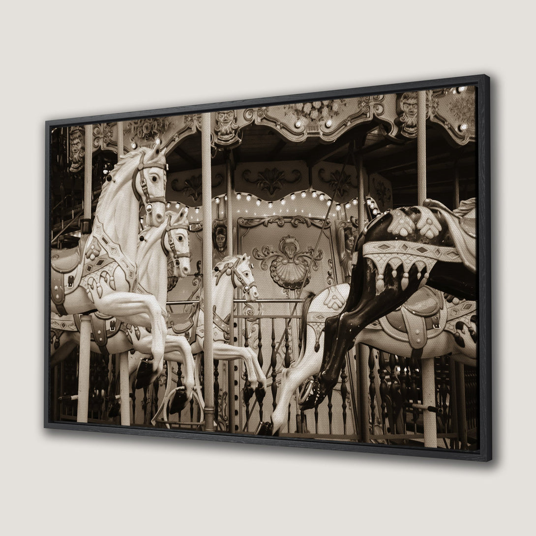 Framed Wall Art featuring a sepia-toned carousel scene. Vintage-style print with detailed horses and a classic aesthetic, perfect for adding charm to any space.
