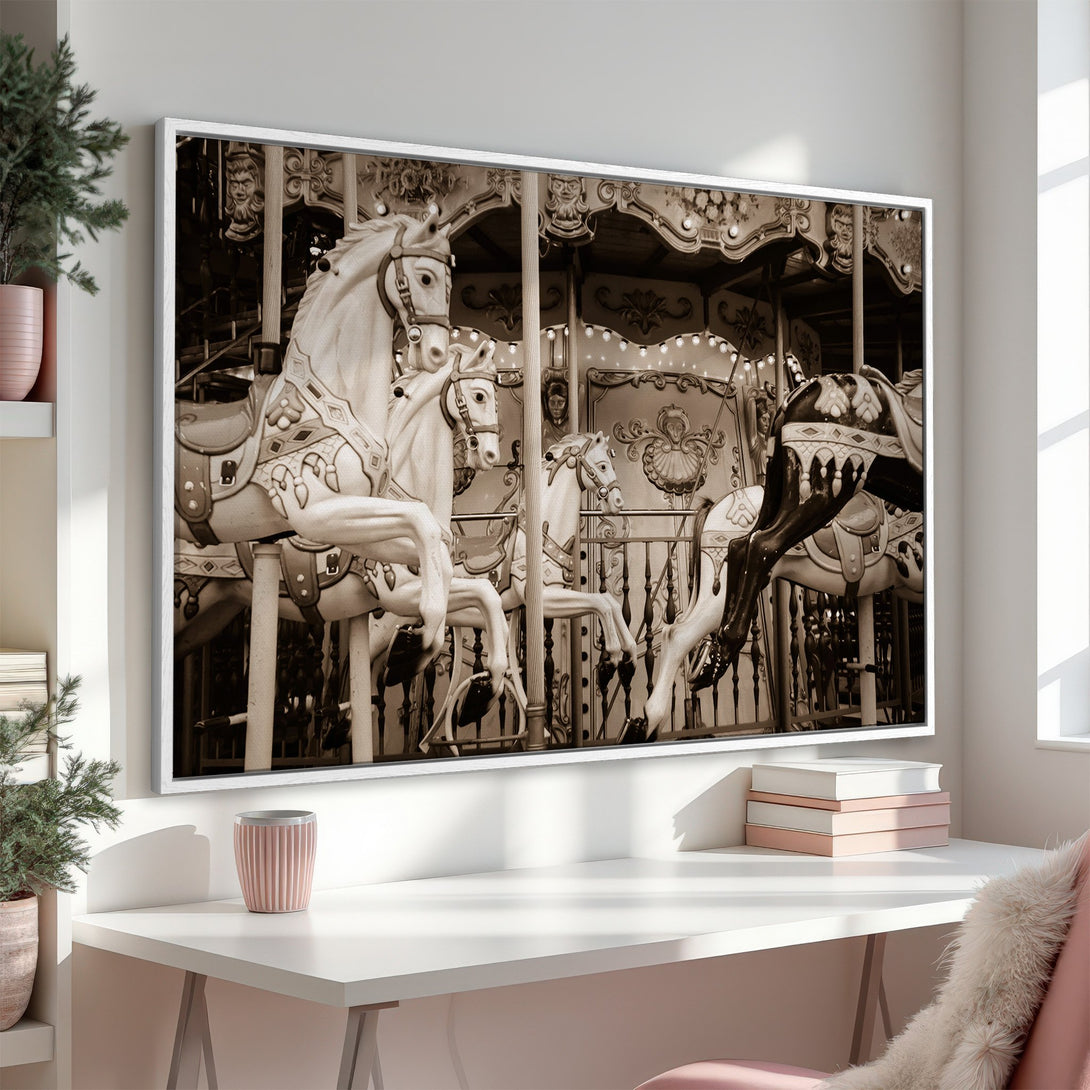 Framed Wall Art featuring a vintage carousel scene in sepia tones. Elegant wall decor for a classic, timeless aesthetic.