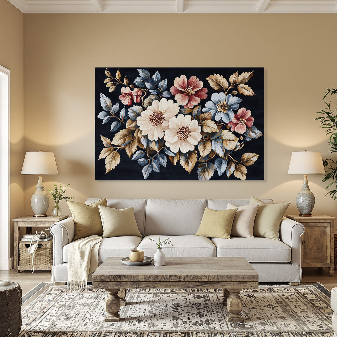Framed Wall Art featuring a floral design with a dark background and a warm color palette. Perfect for adding elegance to any space.