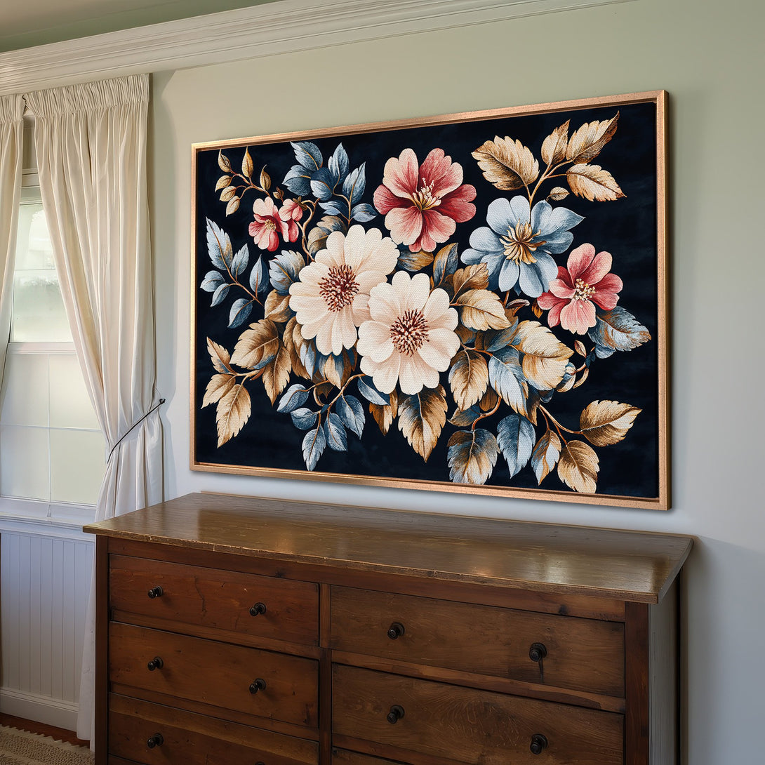Framed Wall Art: Vintage floral Canvas Print with a dark background and a warm color palette. Perfect for adding elegance to any room.