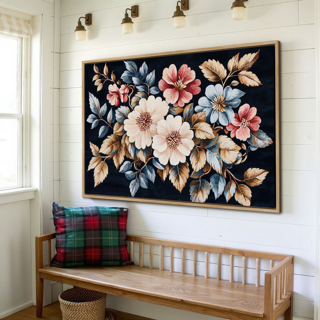 Framed Wall Art featuring a vintage floral design with a dark blue background. The color palette includes pink, cream, and gold tones. Adds elegance to any space.