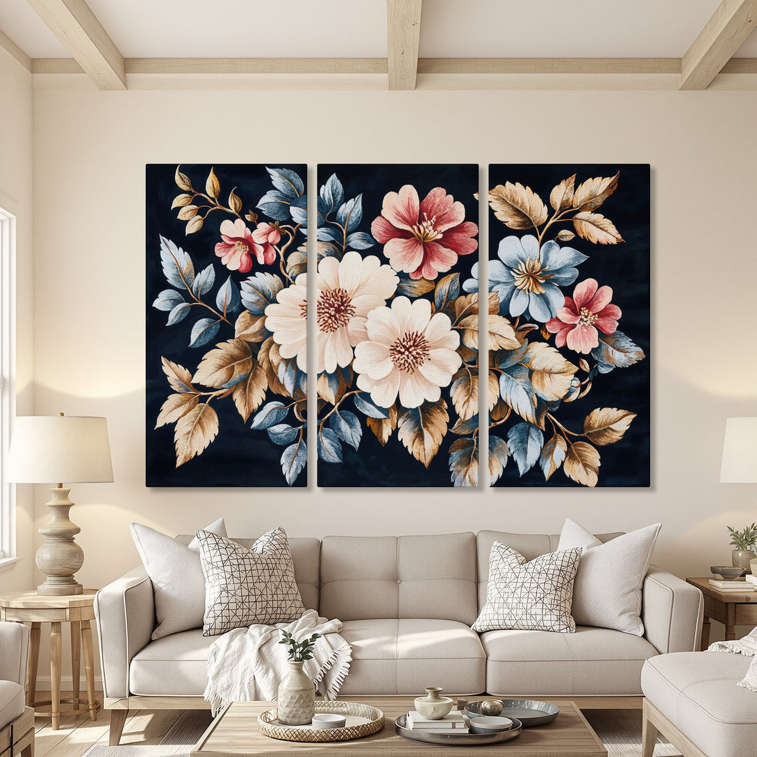 Canvas Print featuring elegant floral art in a watercolor style with a dark background and a warm, neutral color palette. Perfect for living room decor.
