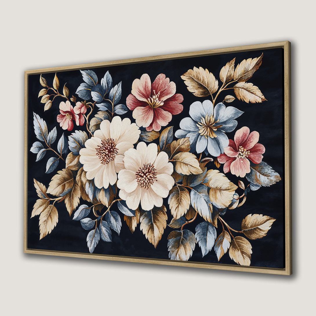 Framed Wall Art: Elegant floral Canvas Print with a dark background, featuring cream, pink, and blue blooms with gold and blue leaves. Perfect for any room!