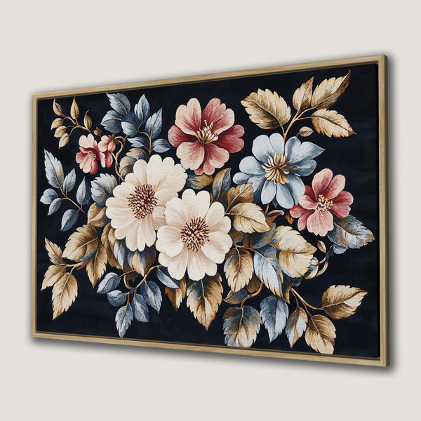Framed Wall Art: Elegant floral Canvas Print with a dark background, featuring cream, pink, and blue blooms with gold and blue leaves. Perfect for any room!