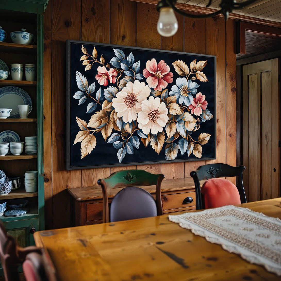 Framed Wall Art: Floral canvas print with a dark background, featuring blush, blue, and gold tones. Adds a touch of elegance to any interior.