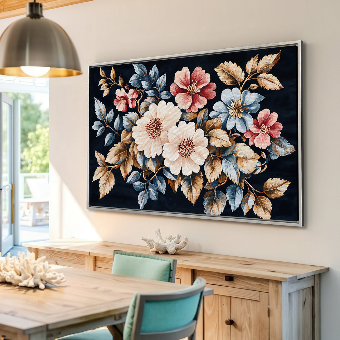 Framed Wall Art: Elegant floral Canvas Print with a dark blue background, featuring blush, cream, and gold tones. Perfect for adding a touch of sophistication to any space.