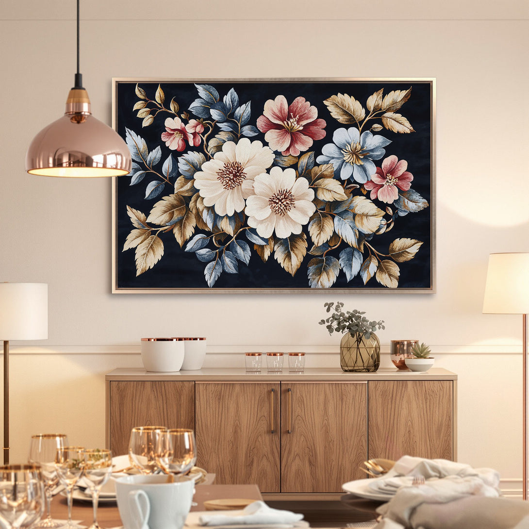 Framed Wall Art: Elegant floral canvas print with a dark background and a warm color palette, perfect for adding a touch of sophistication.