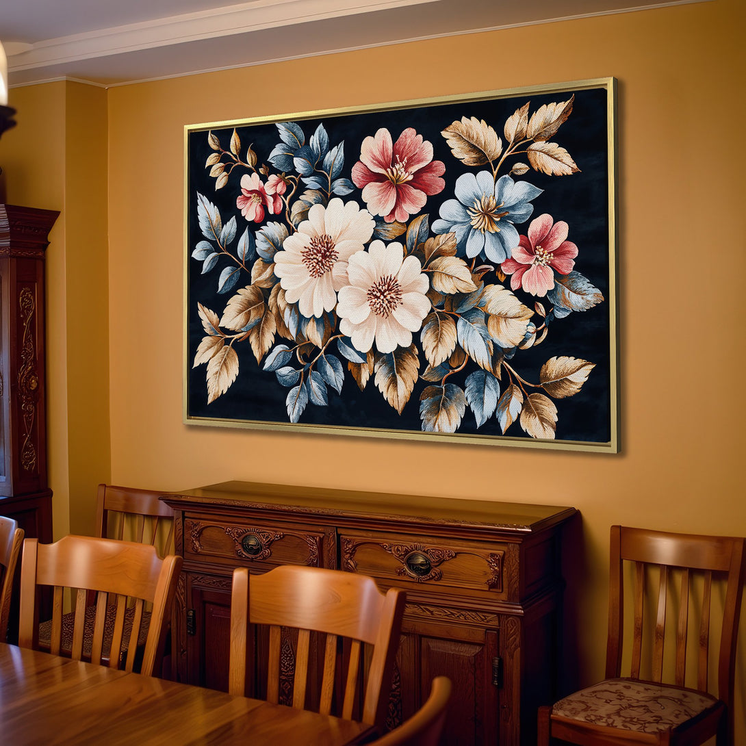 Canvas Print of a floral watercolor painting in a living room. Features a dark background with cream, pink, and blue flowers. Elegant home decor.