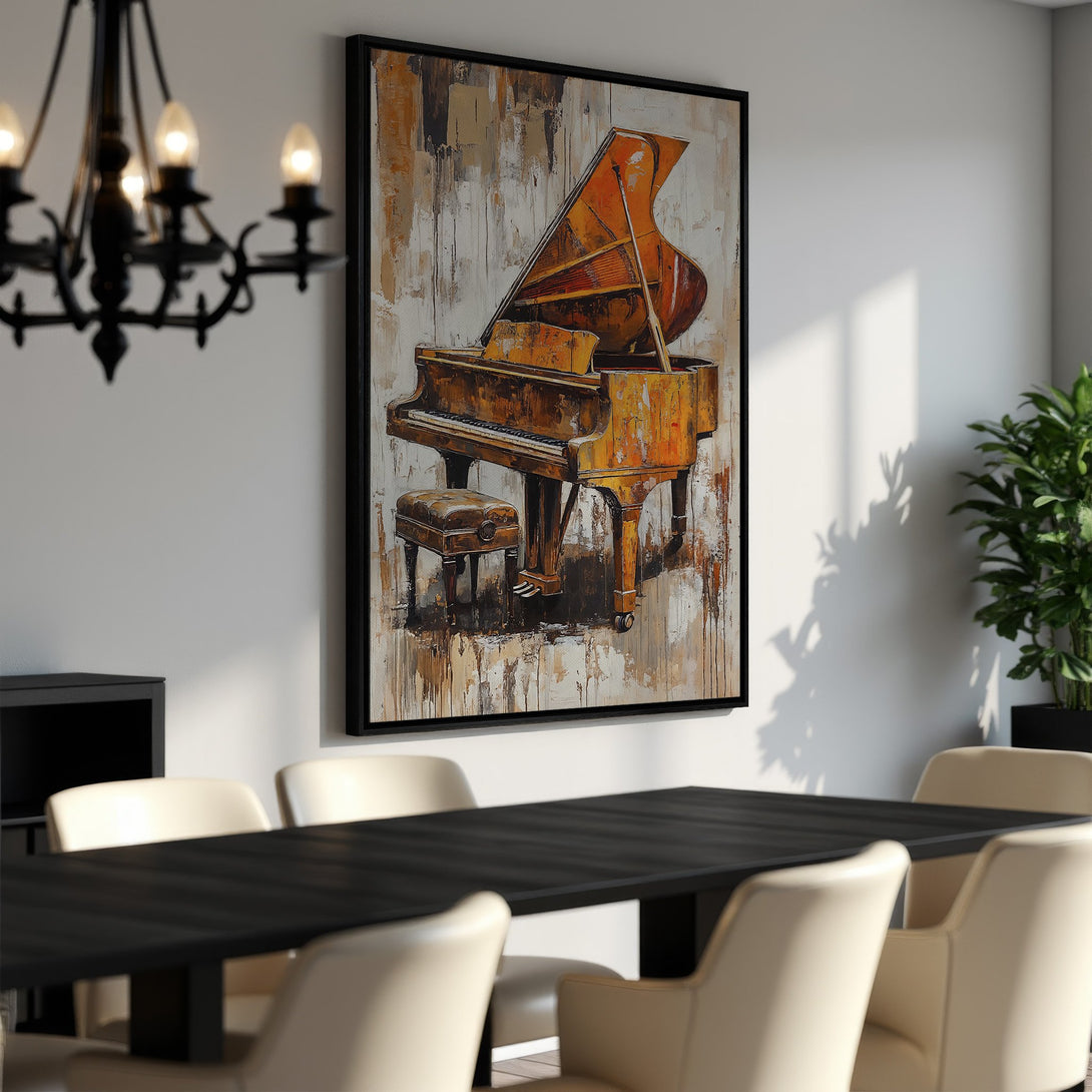 Framed Wall Art featuring an abstract piano in warm, earthy tones. Perfect for adding a touch of musical elegance to your dining room or living space.