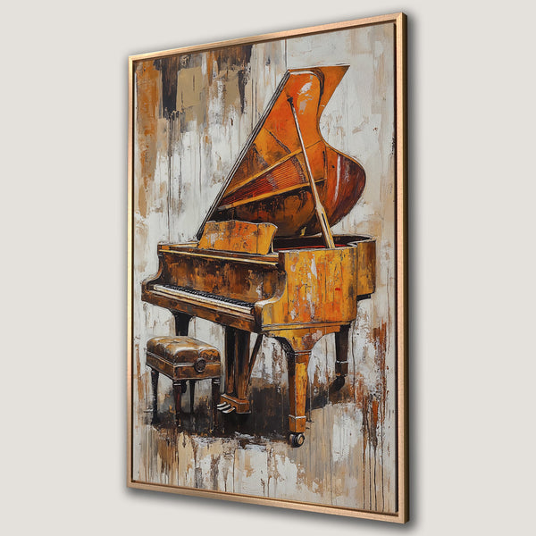 Framed Wall Art featuring a grand piano in a warm, abstract style with a brown and orange color palette, perfect for adding a touch of elegance.