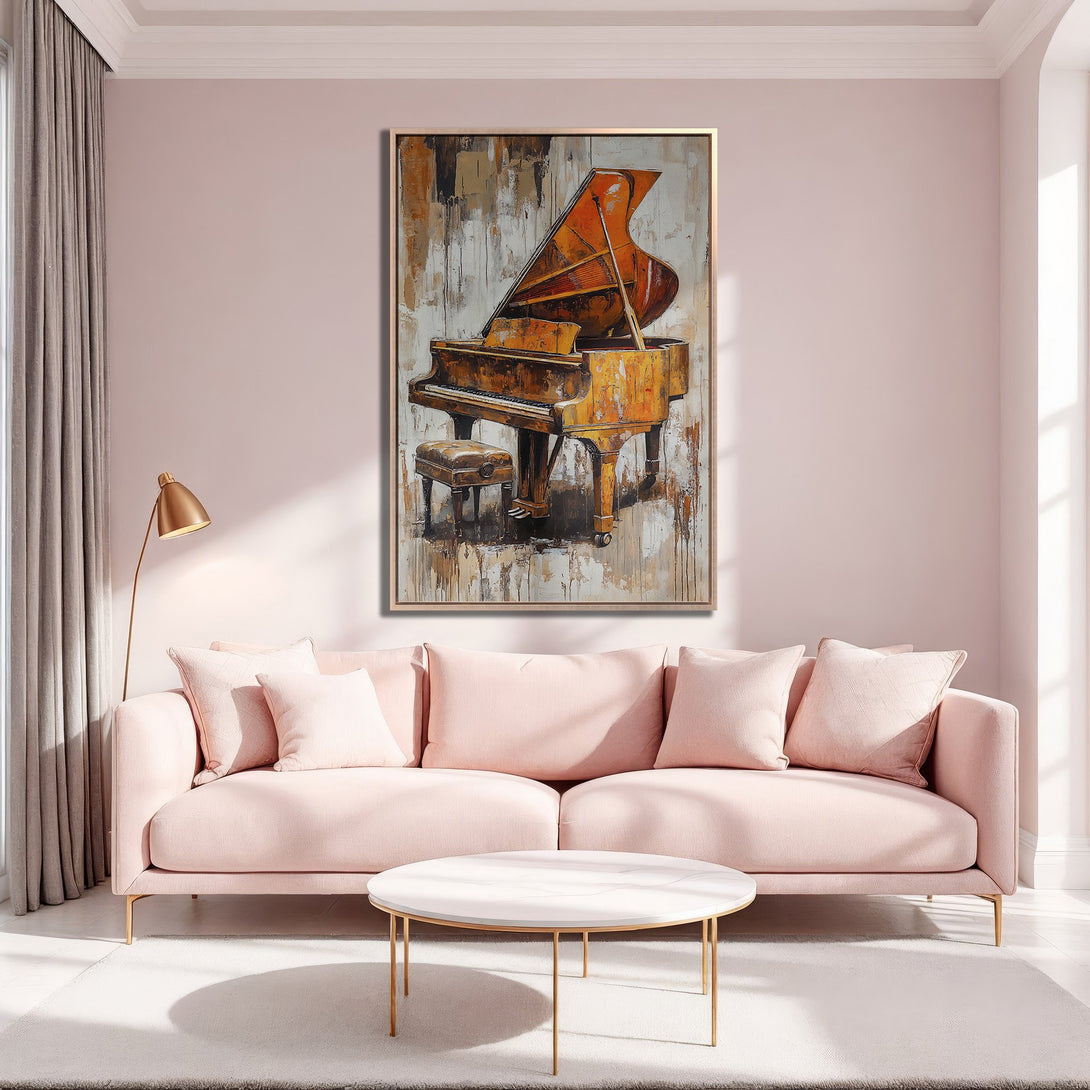 Framed Wall Art of a piano in warm tones. Abstract style Canvas Print with a neutral and blush pink color palette. Perfect for a modern living room.