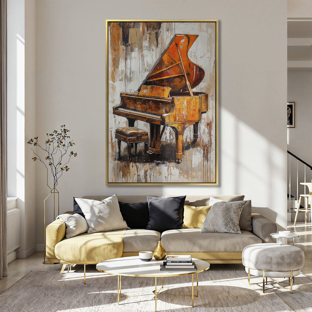 Canvas Print of a grand piano, abstract art style, warm orange and brown tones, perfect for kitchen decor.