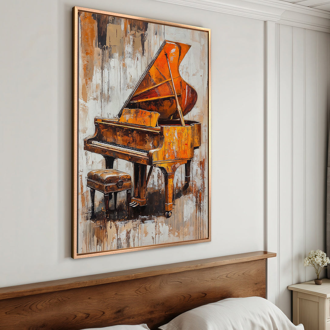 Framed Wall Art: Abstract piano painting in warm orange and brown tones. Perfect for adding musical flair to your home decor.