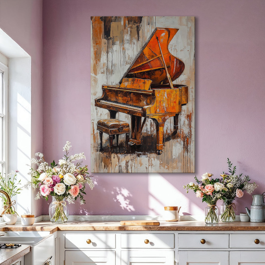 Framed Wall Art of a grand piano in an abstract style with warm orange and brown tones. Perfect for adding a touch of elegance to your living room.