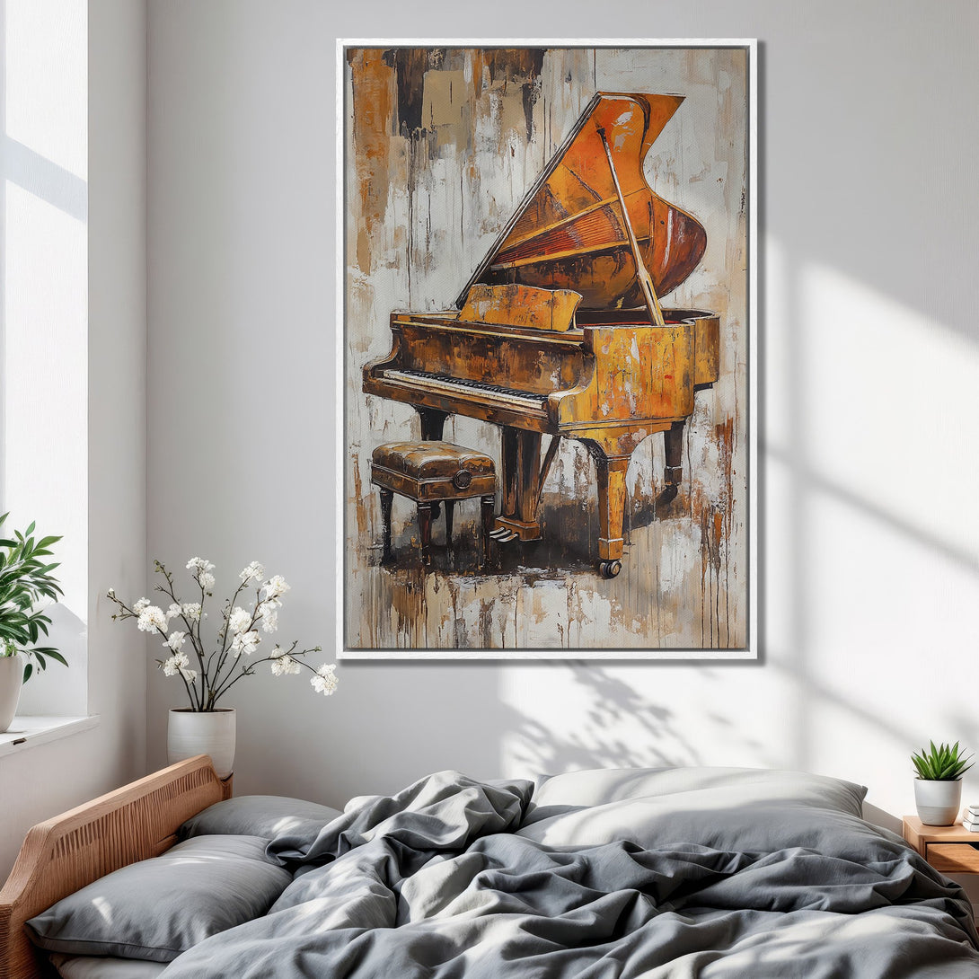 Framed Wall Art: Abstract piano painting in warm orange & brown tones. Perfect for living rooms or bedrooms. Add a touch of art & elegance to your space!
