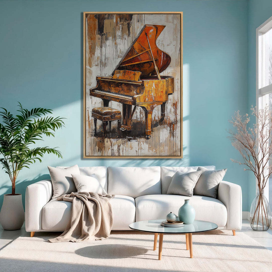 Framed Wall Art: Abstract piano painting with warm orange and brown tones. Stylish decor for living rooms. Canvas print adds elegance to any space.
