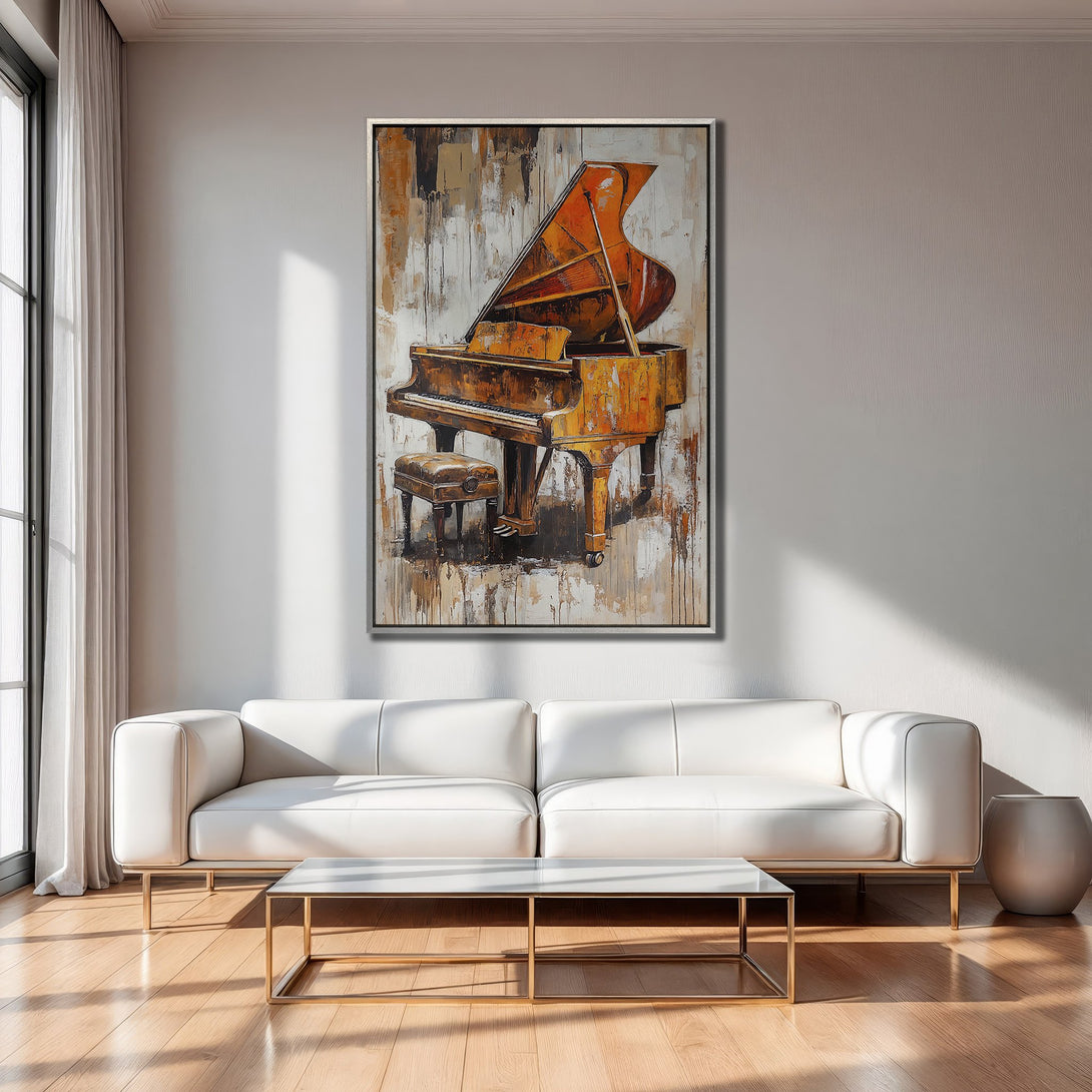 Framed Wall Art of a grand piano in warm orange and brown tones. Abstract style canvas print adds elegance to any living room.