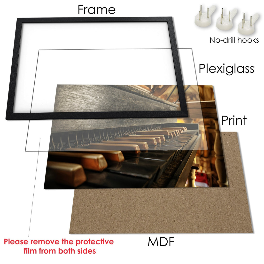 Framed Poster featuring a piano keyboard, warm tones, and a classic style. Perfect wall art for music lovers!